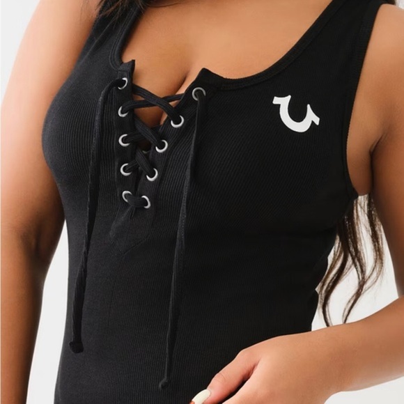 True Religion coral almond‎ sleeveless fitted sexy lace up midi dress size large - Picture 5 of 7